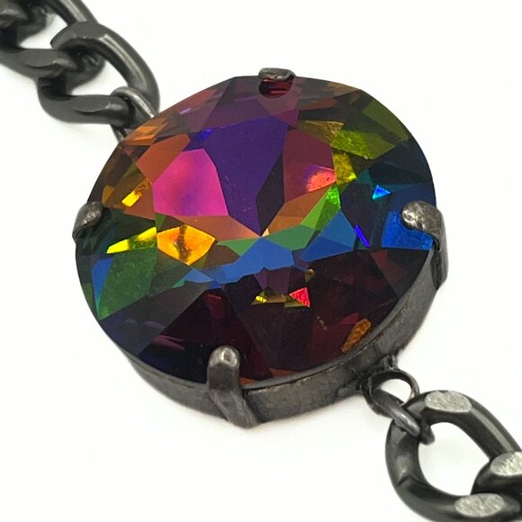 Handcrafted Large Rainbow Swarovski Crystal Dark Silver Chunky Chain Bracelet - Picture 6 of 13